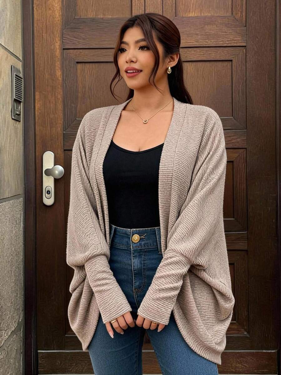 Lounesse Plus Size Casual Loose Ribbed Brushed Knit Cardigan Jacket - Khaki - View 1