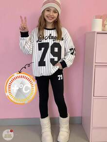 兒童青少年女孩連帽衫與運動衫套裝，秋冬極簡寬鬆圓領黑白條紋運動數字印花長袖運動衫搭配緊身長褲，2件套，適合返校穿搭 - 黑與白 - 查看 5