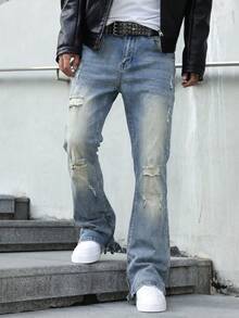 Manfinity Roghcode Men's Light Blue Distressed Horseshoe Jeans Slim Fit Stretch Long Pants Vacation Summer Street Wear - Light Wash - View 6