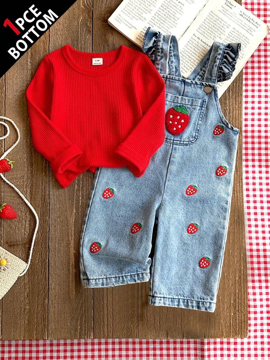 SHEIN Vintaside Kids 1件女婴蓝色牛仔休闲可爱刺绣花卉吊带连体裤，适合外出和派对穿着 - 藍色 - 查看 1