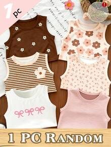 (1 Random Item From 6)Girls Cute Minimalist Fresh Floral Bow Striped Pattern Printed Basic Tank Top, Comfortable Summer Daily Wear - White - View 1