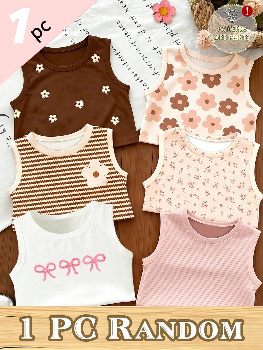 (1 Random Item From 6)Girls Cute Minimalist Fresh Floral Bow Striped Pattern Printed Basic Tank Top, Comfortable Summer Daily Wear - White - View 1