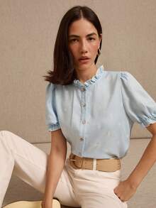 lacRébo Light Blue Floral Blouse With Ruffle Collar, Ruffled Short Sleeves And Front Button Opening - Blue - View 7