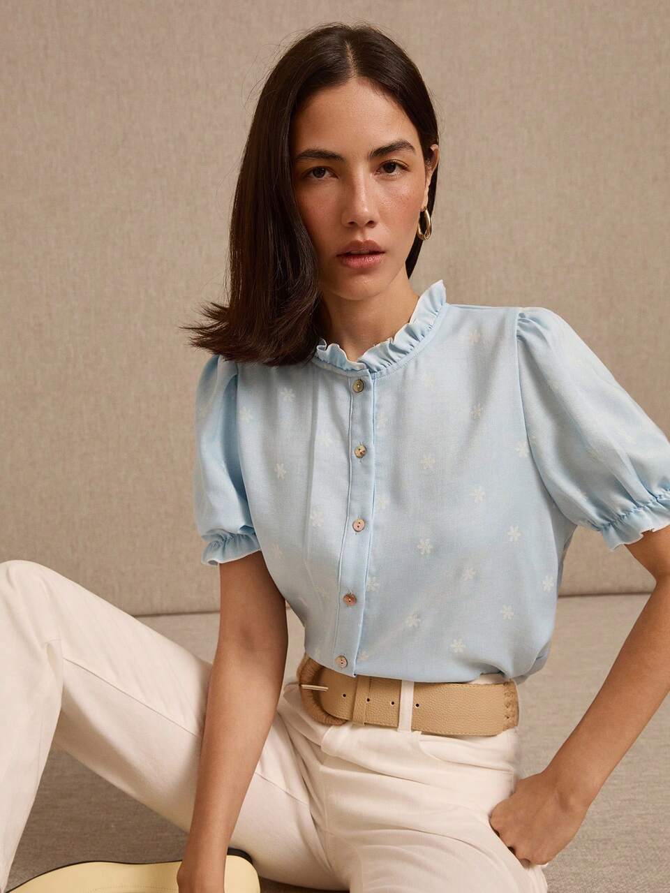 Light Blue Floral Blouse With Ruffle Collar, Ruffled Short Sleeves And Front Button Opening