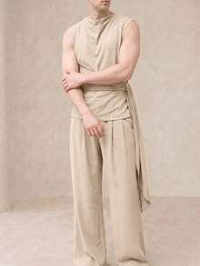 Manfinity Dauomo 301 時尚男士無袖垂領長褲兩件套，230g 健康面料，米色度假夏季日系保守哥德風 - 杏色 - 查看 6
