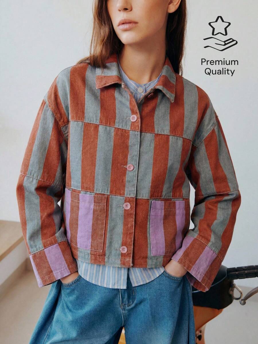 Nöista Striped Cropped Jacket With Contrast Patch Pockets, Elegant Fall Casual Layering Piece, Back To School, Office Style - Multicolor - View 1