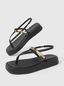 HighSole 女款舒適休閒厚底夾腳涼鞋 綁帶方頭 夏季日常通勤極簡咖啡色厚底涼鞋 - 黑色 - 查看 3