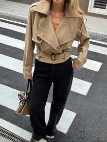 SHEIN Frenchy Women's Autumn Casual Double-Breasted Cropped Trench Coat Jacket - Khaki - View 5
