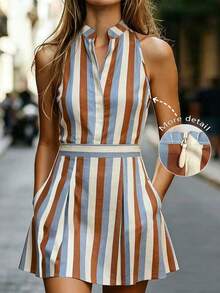 Trelyra Women's Striped Cutout V-Neck Pocket Casual Sleeveless Mini Dress - Multicolor - View 3
