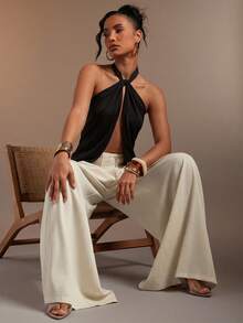 Hauture Women's Sexy Abstract Print Halter Neck Backless Linen Top - Black - View 3