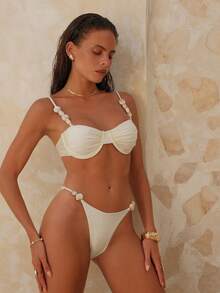 Swim Chiccia Simple Glossy Fabric Underwired Push-Up Adjustable Strap Tie-Side Backless Top And Thong Bikini Set, Beach Vacation Swimsuit For Summer - Multicolor - View 5