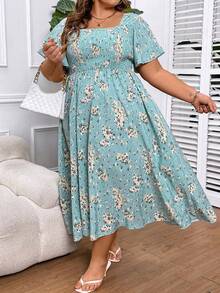 SHEIN CURVE+ Plus Size Floral Print Empire Waist Long Dress, For Summer - Blue - View 3