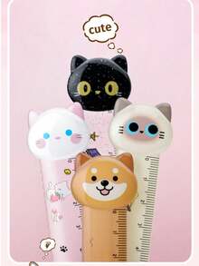 1pc Cute Cat & Dog Cartoon Animal Shaped 15cm Ruler With Fuzzy Ball, Wavy Line Scale, Adorable Stationery,Rulers, Back To School - Cute Pet Series - View 2
