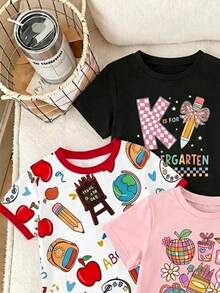 SHEIN 1 Set, 2 Pieces Sweet Back-To-School Style School Bus Print Cartoon Pencil Bow Short Sleeve Top And Pants Set, Randomly Sent 1 Set, Home And Outwear Set - Multicolor - View 6