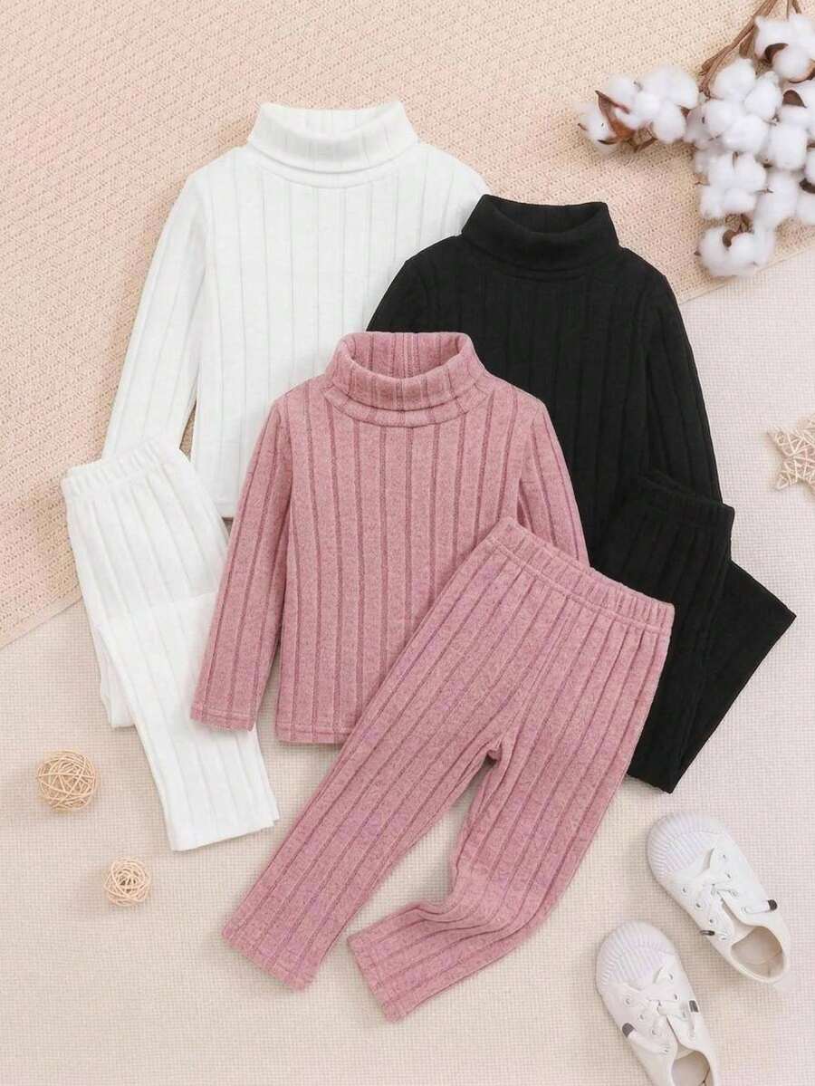 SHEIN 女嬰休閒彈性舒適高領內搭秋季上衣 3件套 - 彩色 - 查看 1
