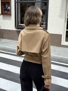 SHEIN Frenchy Women's Autumn Casual Double-Breasted Cropped Trench Coat Jacket - Khaki - View 2