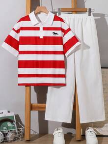SHEIN 男童紅白條紋 Polo 衫與寬鬆短袖休閒褲 2 件套 - 彩色 - 查看 4