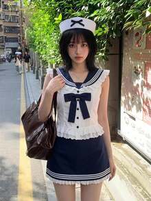 Sweetina Minimalist Sexy Navy Style Ruffle Trim Top & Contrast Color Bodycon Skirt Women 2 Pieces Set - White - View 1