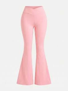 SHEIN Girlism Tween女孩純色休閒百搭日常穿著喇叭褲 - 粉色 - 查看 1