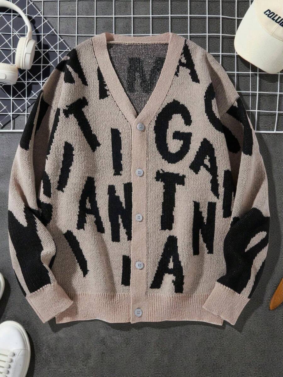 Manfinity CasualKnits 男士字母圖案長袖單排扣針織開襟衫 - 卡其色 - 查看 1