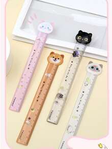1pc Cute Cat & Dog Cartoon Animal Shaped 15cm Ruler With Fuzzy Ball, Wavy Line Scale, Adorable Stationery,Rulers, Back To School - Cute Pet Series - View 5