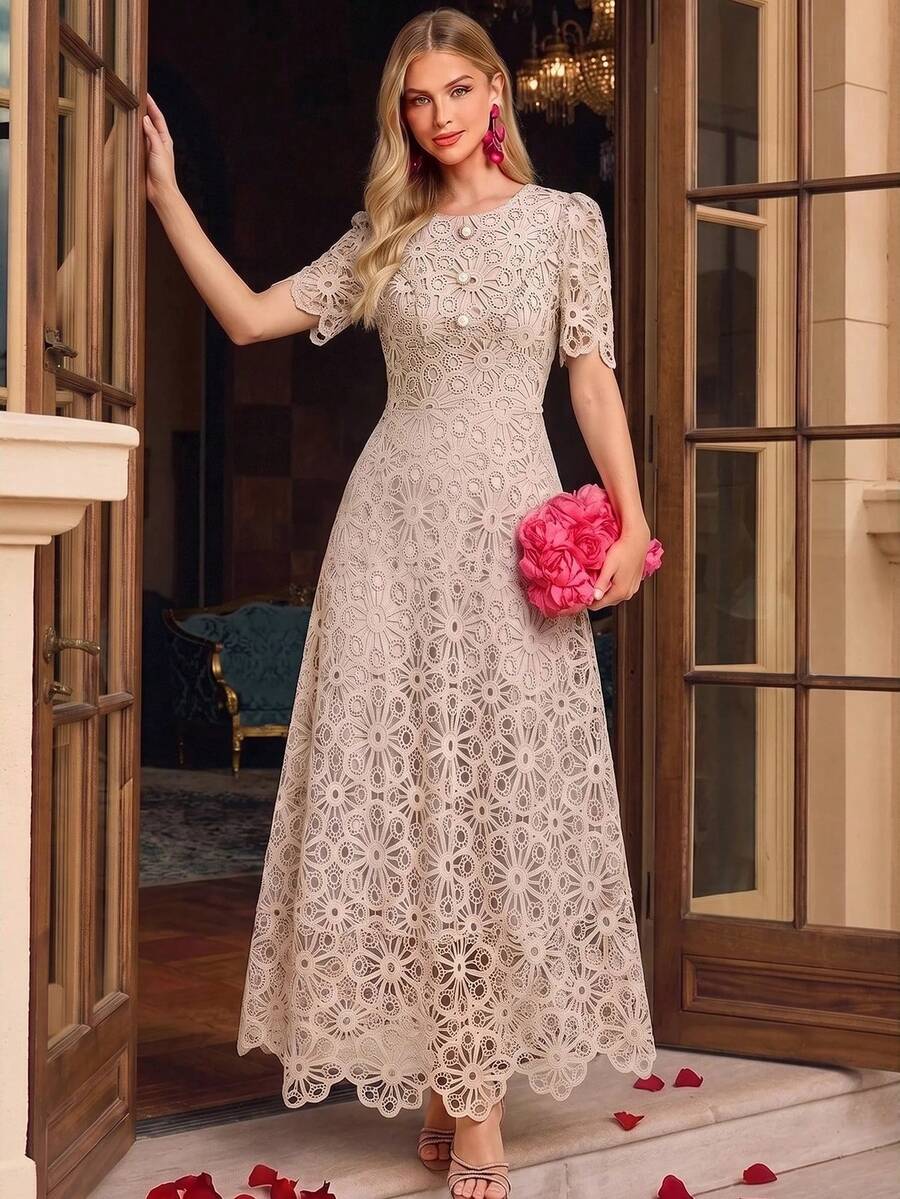 Amorya 女款新款優雅圓領蕾絲刺繡奢華超長洋裝