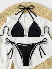 Swim Vcay 女款夏季海灘拼色掛脖綁帶性感比基尼三角褲兩件式泳衣套裝 - 黑色 - 查看 4
