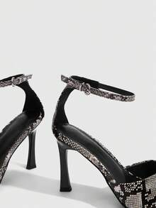 CUCCOO SZL Sepatu hak tinggi wanita motif ular dengan tali pergelangan kaki, model terbuka dan ujung runcing. - Abu-abu / hitam - View 5