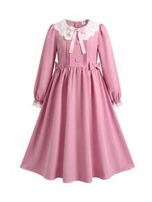 SHEIN Tween Girls Tween Girl Lace Pink Bow Cute Dress, Autumn/Winter/All Season Wear, Primary School, Middle School - Pink - View 8