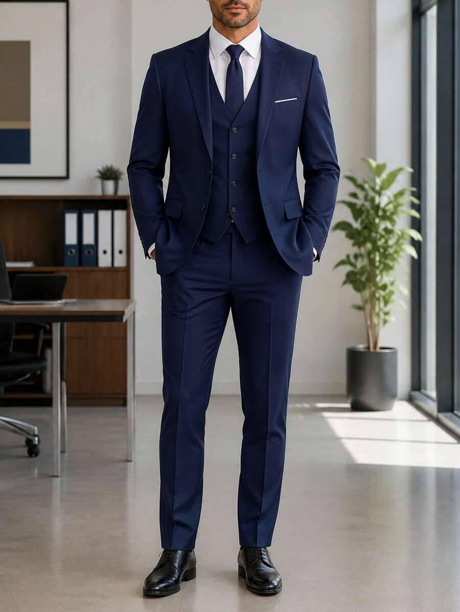 Men's Two-Piece Suit Plus Sizes One-Button, Pants Jacket And Belt Included In Plain Color, Ideal For Weddings Formal Events And Office. - Blue - View 1
