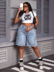 Slaydiva Plus Size Women's Casual Denim Shorts With Pockets, Buttons And Frayed Hem For Daily Wear Jorts Jean Shorts - Light Wash - View 8