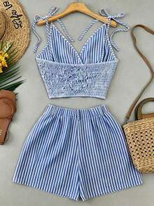 SHEIN Franclia Women's Striped Pleated Top And Shorts Casual Coastal Chic Tropical Daily Mid-Length Vacation Beach Blue And White Stripe Summer - Blue - View 2
