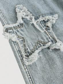 SHEIN MOD Women's Casual Washed Star Patchwork Denim Jeans Fall - Medium Wash - View 5