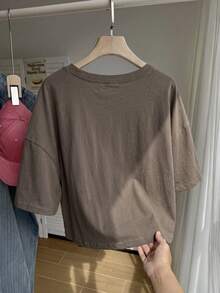 Comfortcana Solid Color Drop Shoulder Short Casual Plus Size T-Shirt - Brown - View 2