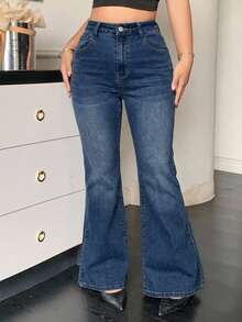 Dazy Plus Plus Size Washed Blue Distressed Stretch Slim Fit Button Flare Jeans - Medium Wash - View 4