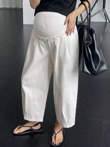 DAZY Patchwork Belly Support Loose Harem Versatile Daily White Maternity Cropped Length Pants Fall - White - View 7