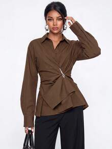 Avantive Women's Solid Color Metal Decor Casual Versatile Daily Wear Top - Brown - View 7