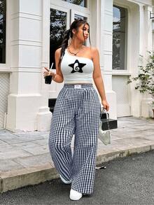 Solflare Patch Casual Women's Plus Size Letter Print Wide Leg Jeans Fall - Navy Blue - View 5