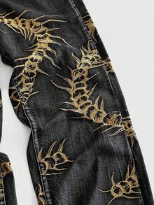 ROMWE MEN Street Life 男士蜈蚣刺繡圖案口袋鈕扣休閒日常牛仔褲 - 黑色 - 查看 4
