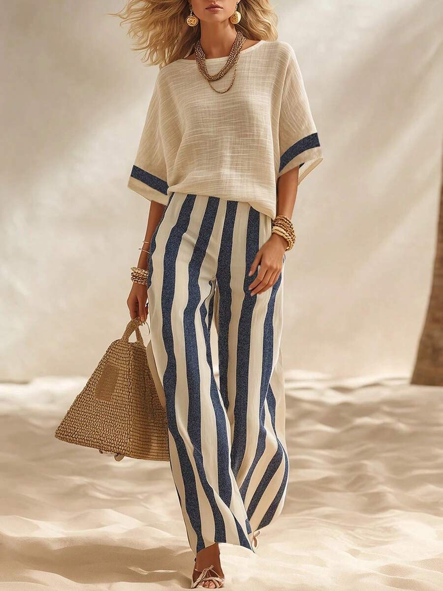 SHEIN Holidaya 女款通勤街頭風學院簡約時尚休閒百搭熱銷亞麻面料深色圖案杏色圓領五分袖藍色袖口撞色上衣海軍藍杏色條紋寬腿褲兩件套，適用萬聖節、平安夜、聖誕節、春節、海邊度假、外出、閨蜜聚會、居家購物、娛樂、工作等，基礎款外套舒適面料獨特設計高 CP 值，春夏秋穿著