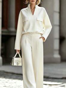 SHEIN New Women's Office Casual 2 Pieces Set With Stand Collar, Double Pockets, Dropped Shoulder Top And Straight Leg Pants - White - View 3