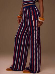 MUSERA Textured Beaded Tie Side Flowy Wide Leg Trouser Coord Bottoms Only Summer Spring Sexy Cute Beach - Blue - View 5