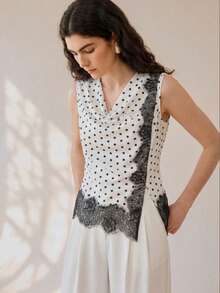 SHEIN Women's Polka Dot Cowl Neck Patchwork Lace French Elegant Sleeveless Top - Black and White - View 5
