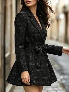 SHEIN Autumn/Winter Elegant Wool Blend Waist-Cinching Flared Women's Blazer Jacket With Lapel Collar, Suitable For Commuting And Daily Wear - Black - View 5