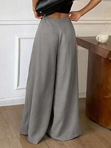 DAZY High Waist Grey Solid Color Stitching Design Loose Straight Leg Wide Leg Casual Women's Long Pants Fall - Grey - View 2