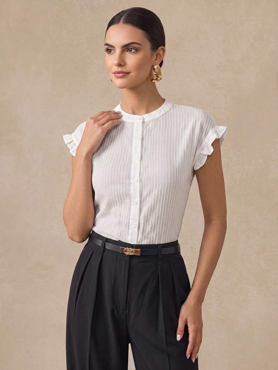 Almamuse Women's Casual Textured Striped Short Sleeve Shirt - White - View 1