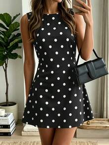 SHEIN PariChic Vintage French Black And White Polka Dot Print Sleeveless Dress, Round Neck, Waist-Cinching, Slimming, Elegant Commuter Vacation Short Dress Summer - Black - View 3