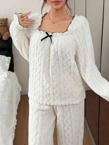 Napfluff Women's Jacquard Fleece Bowknot Decor Long Sleeve Top And Pants Plush Soft Comfortable Fluffy Pajama Set, Ruffle Contrast Trim Design, Autumn/Winter Clothing - White - View 8