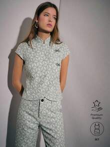 Nöista Conjunto de dos piezas con estampado geométrico, top de manga corta y pantalones de pierna ancha, atuendo elegante y casual de otoño, para salir, estilo de fin de semana - verde menta - Ver 1
