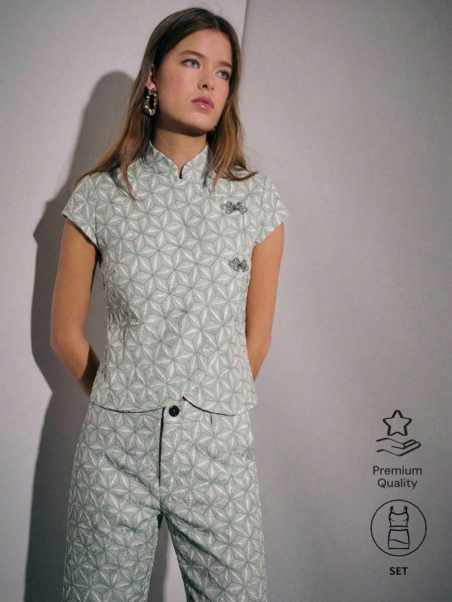Nöista Conjunto de dos piezas con estampado geométrico, top de manga corta y pantalones de pierna ancha, atuendo elegante y casual de otoño, para salir, estilo de fin de semana - verde menta - Ver 1